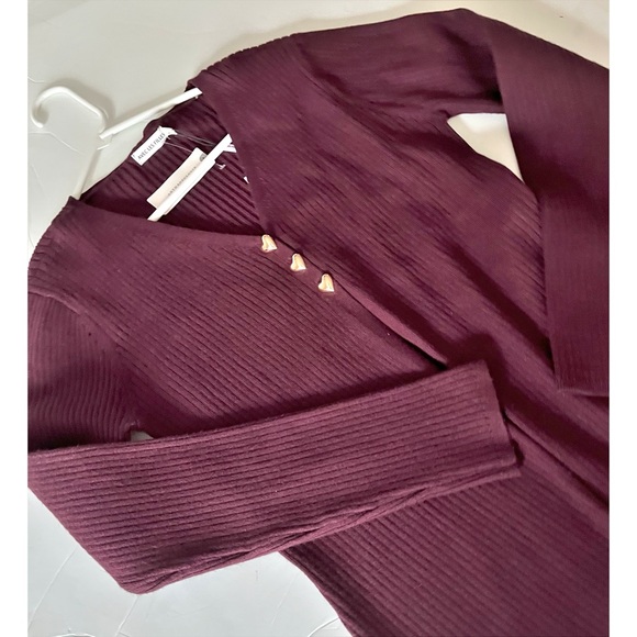 Anthropologie Avec Les Filles burgundy ribbed cardigan heart buttons sz L - Picture 5 of 13